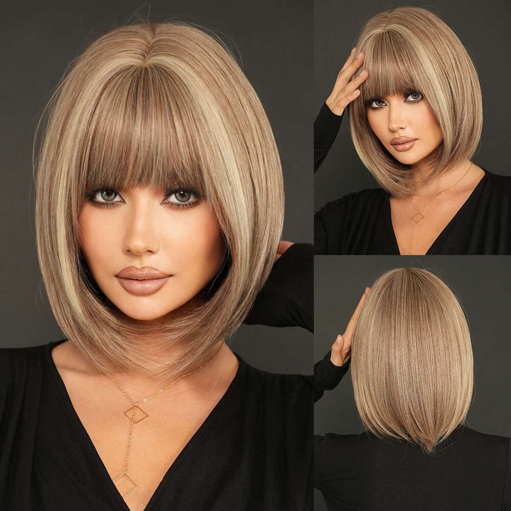 Wig For Women Bangs, Tea Brown, Dyed Rice, Fashionable Short Straight Hair, Headband With Inner Button, Bob Wig Kq9 Kq9