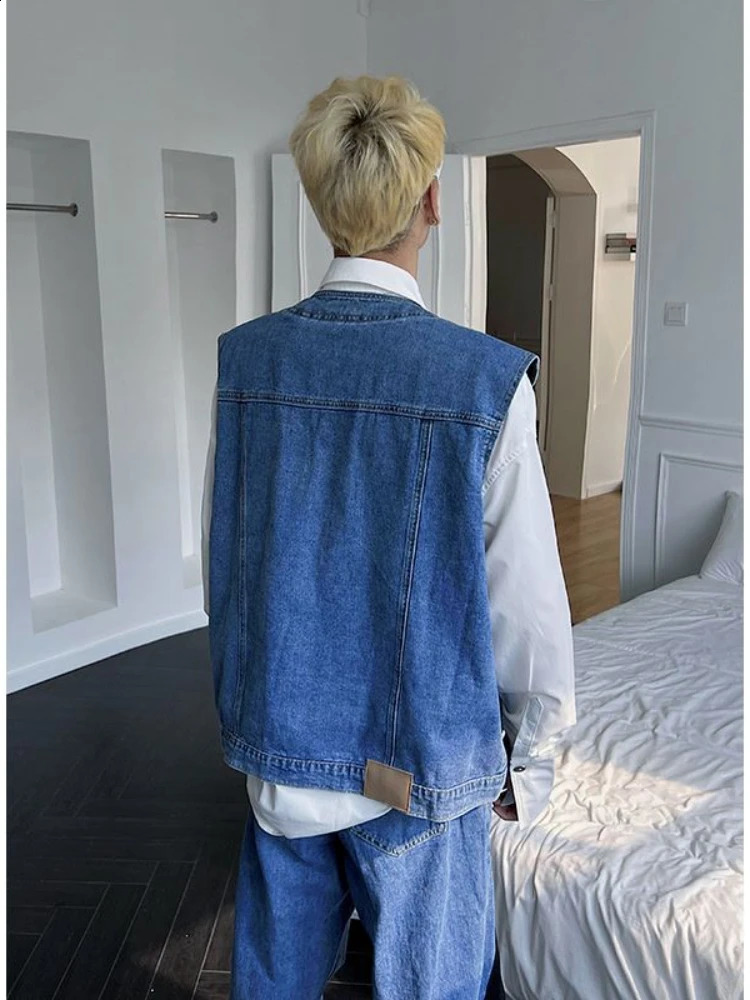 Gmiixder Jeans 2pcs Suit Men Trend Korean Handsome Casual Denim Vest Jacket High Street Jeans Two-piece SuitSingle Streetwear 241217