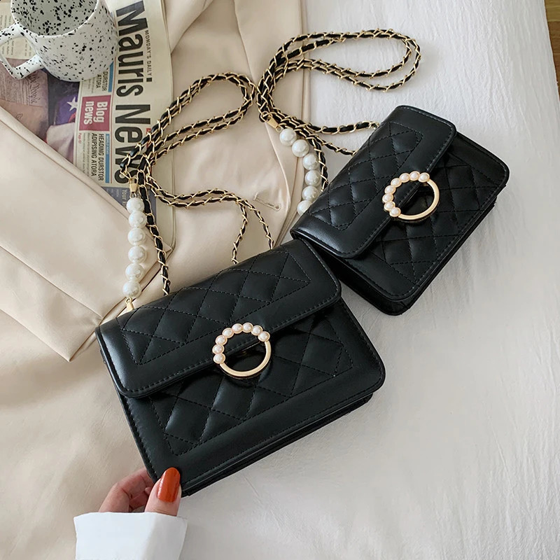 Vintage Women Small Shoulder Crossbody Purse Blue Black White Clutch Case Fashion Pearl Chain Bag
