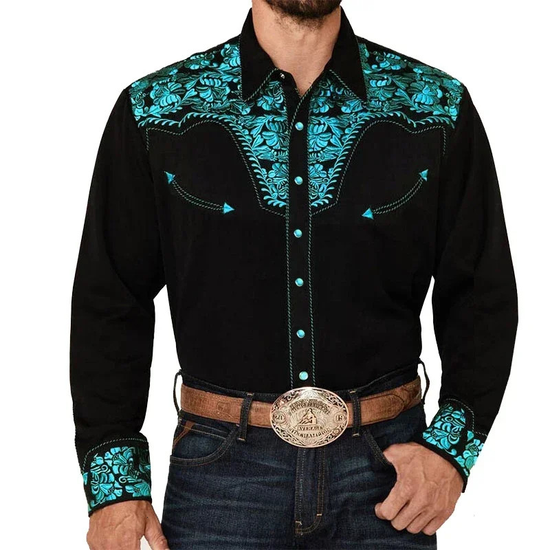 Mens Western Ethnic Style Shirt Retro Printed Long Sleeve Button Shirt Fashion Casual Lapel Cardigan Coat Cowboy Shirts Top 241216