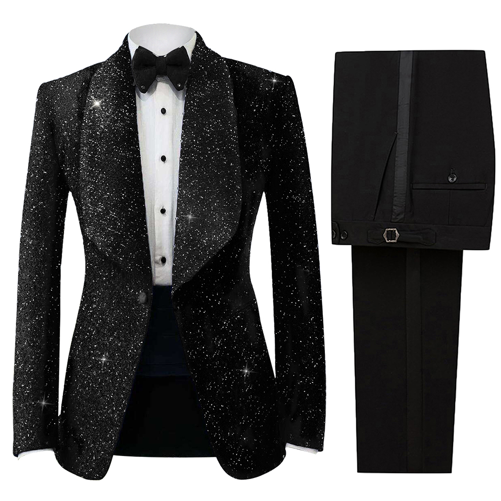 Bling Men Suits Sequins 2 Piece Set Jacket Pants Shawl Lapel Wedding Tuxedos One Button Fashion Groom Tuxedo suit Customized