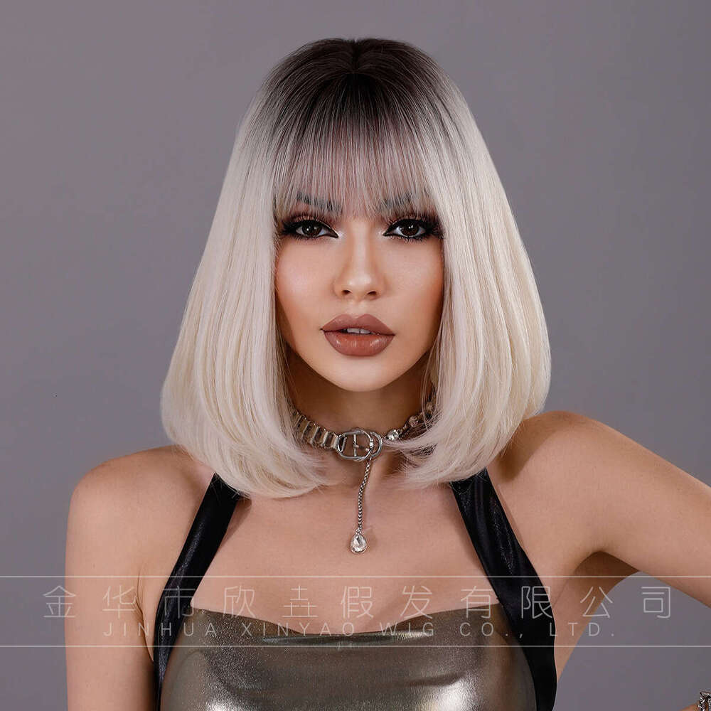 Wig Female Bob White Gold Straight Inner Buckle Soft Synthetic Bobo Short Hair Set Kq9 Kq9