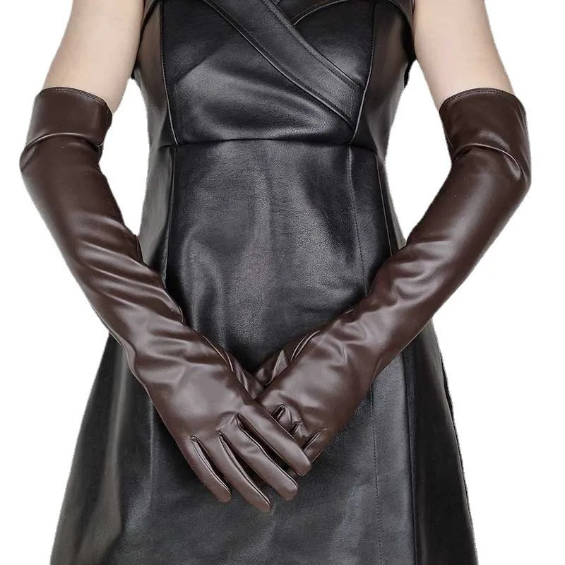 Sexy Leopard Touch Screen Gloves Winter Women PU Black 50cm Long Simulation Leather Thin Full Finger Warm Driving Mittens K52 241216