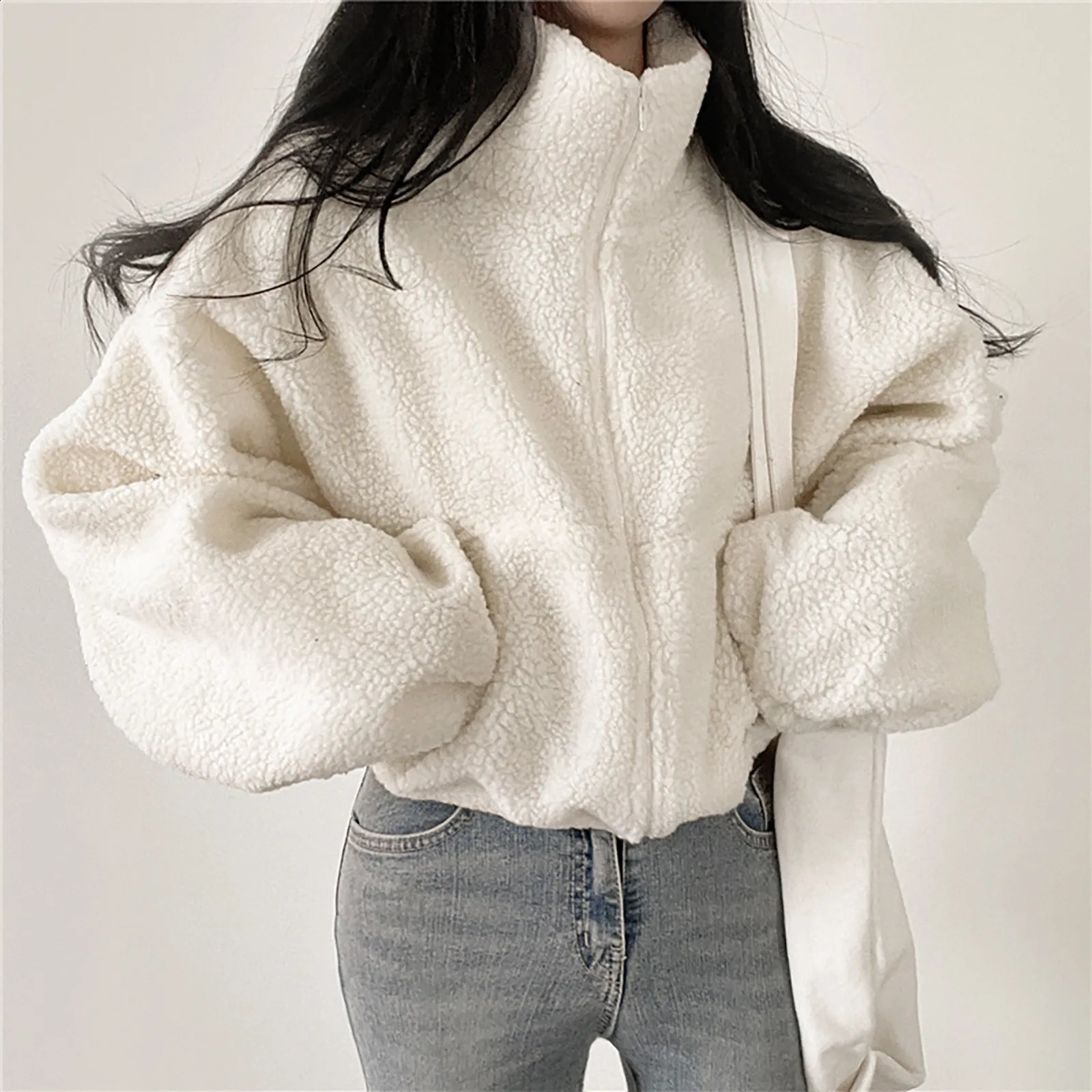 Womens Zipper Sweatshirt Winter Zipper Jacket Wool Hoodie Thickened Warm Womens Stand up Collar Short Loose Plush Coat Top 241217