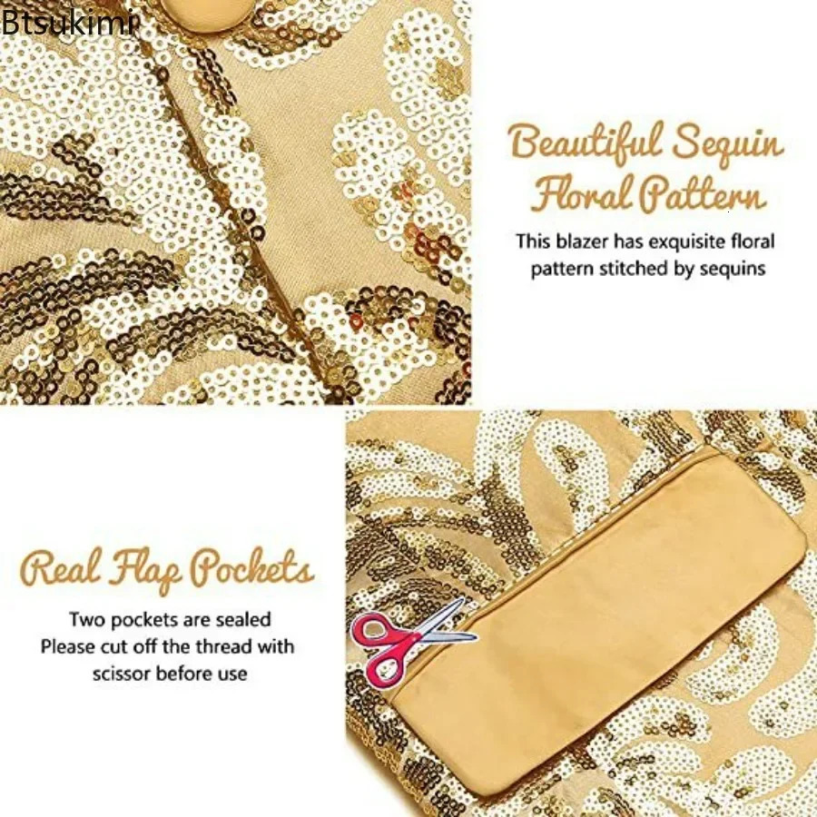 Mens Shiny Gold sequin Sports Jacket Style Shawl Collar One Button Evening Dress Flower Set Party Wedding Groom Dress Mens Style 241216