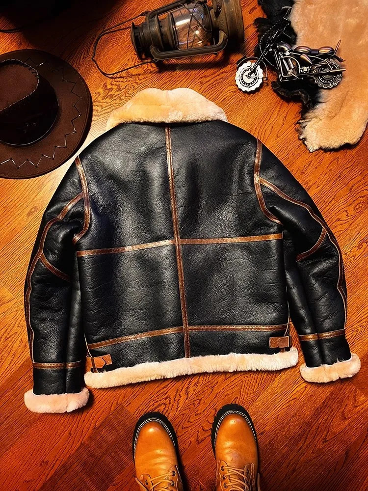 YR!Top quality Classic Air Force B3 fur jacketMen y Thick Wool warm shearling coatreal natural leather cloth 241217
