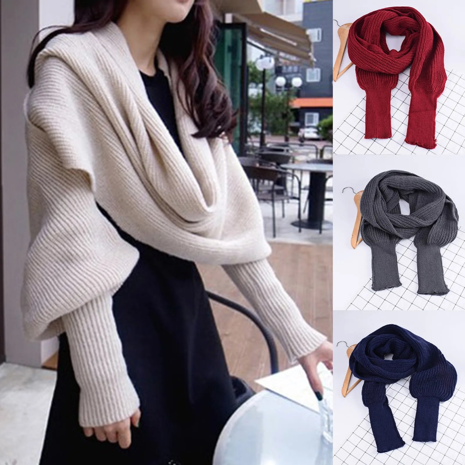 Women Knitted Sweater Tops Scarf With Sleeve Wrap Winter Warm Shawl Scarves 241216