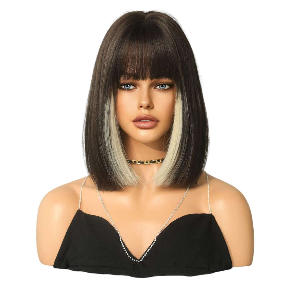 Wig For Women With Hanging Ears, Bob Neat Bangs, Short Straight Hair, JK Fashion Synthetic Wig, Full Head Cover Kq9 Kq9