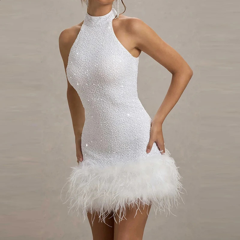 Casual Shiny Sequin Womens Mini Dress Elegant Feather Patchwork Sleeveless Short Dress Fashion O Neck Hollow Slim Party Dress 241216