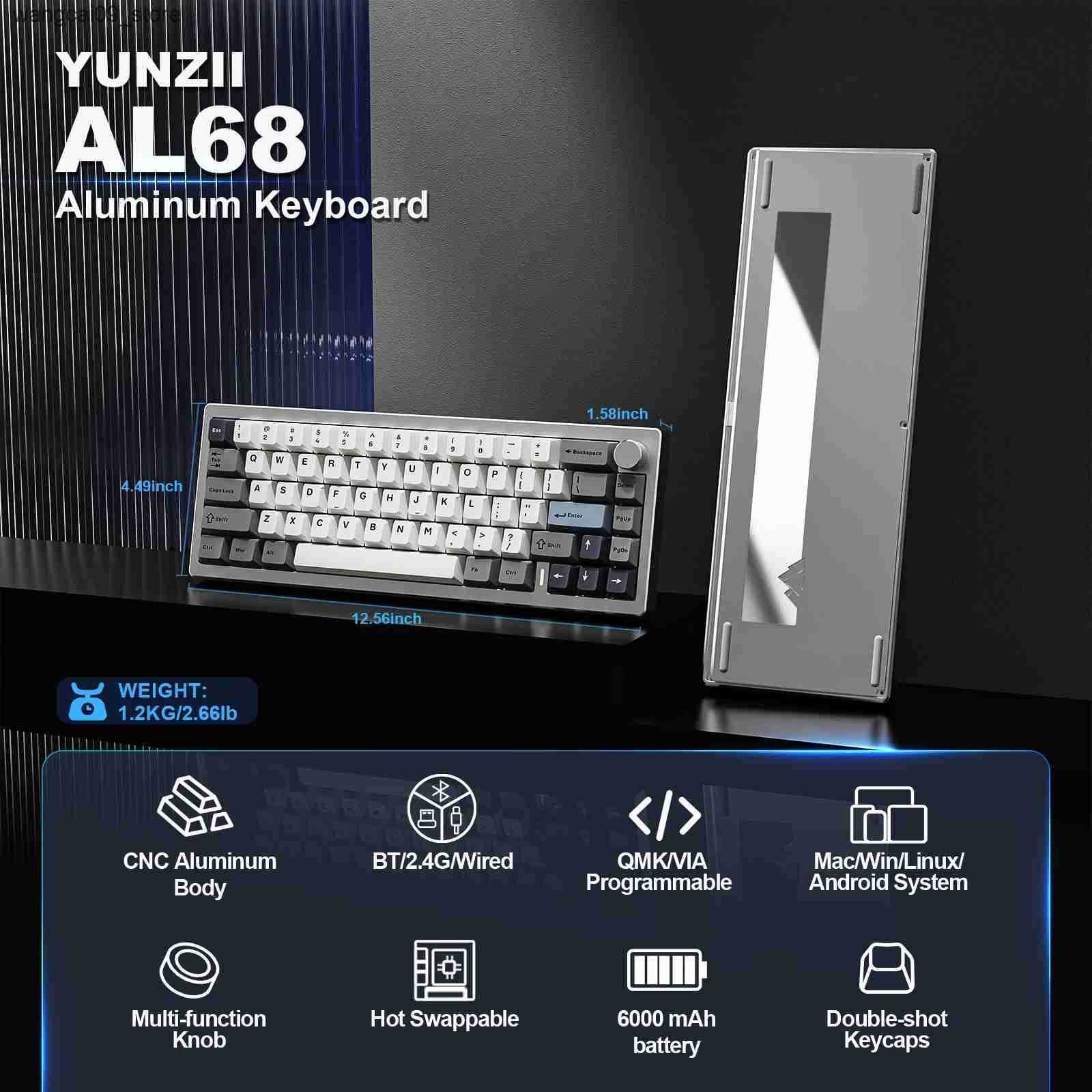 Keyboards YUNZII AL68 Sier Wireless Custom Mechanical Q/VIA Aluminum Hot Swap Gasket Gaming Keyboard with Knob
