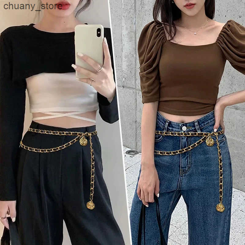 Belts High quality metal belt womens round flower pendant chain belt womens thin belt dress decoration L240910