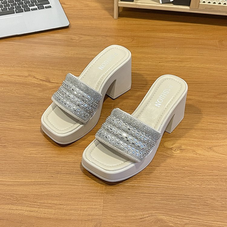 Women Slippers High Heel Sandals New Fashion Korean Version Diamond Gentle Style Increase Height Triple Black Beige Free shipping