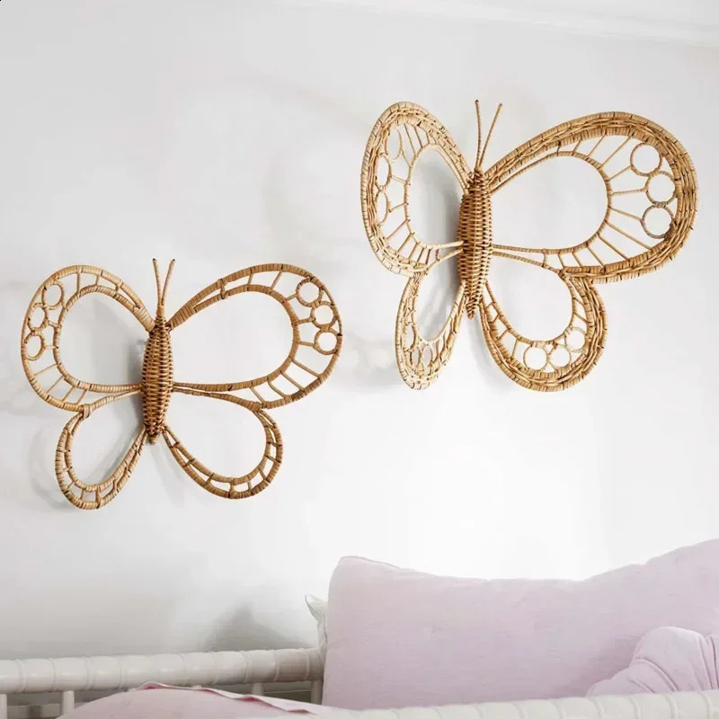 Nordic Natural Rattan Butterfly Wall Ornaments Hand Woven Butterfly Crafts Countryside Pastoral Homestay Home Decor Po Props 241213