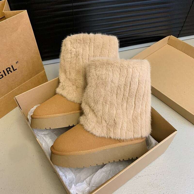 2024 Winter New Fashion Furry Hem Wedge Non-slip High Womens Outdoor Warm and Comfortable One-foot Snow Boots