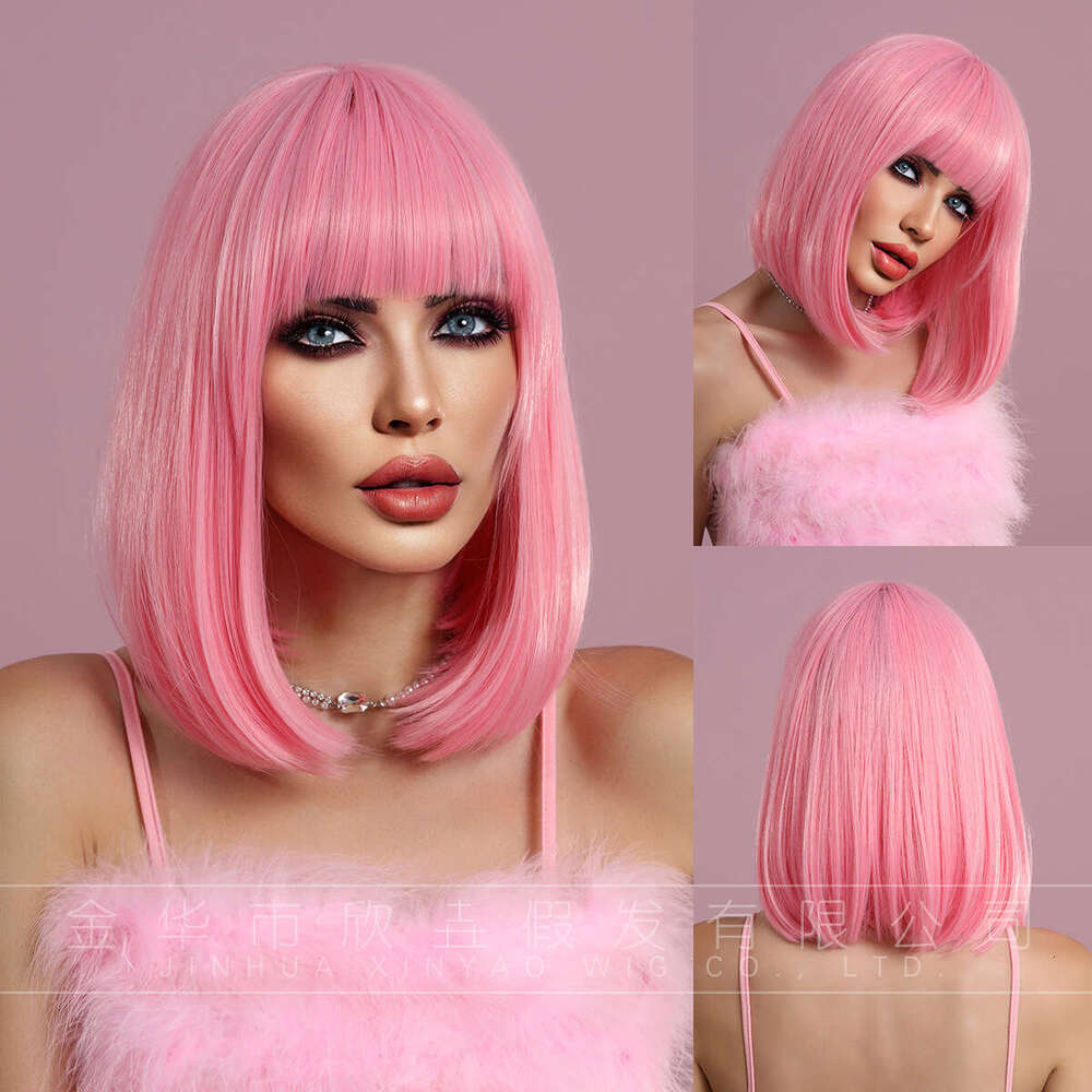 Pink 14Inch New Wig Set With Pink Bangs And Short Hair Kq9 Kq9