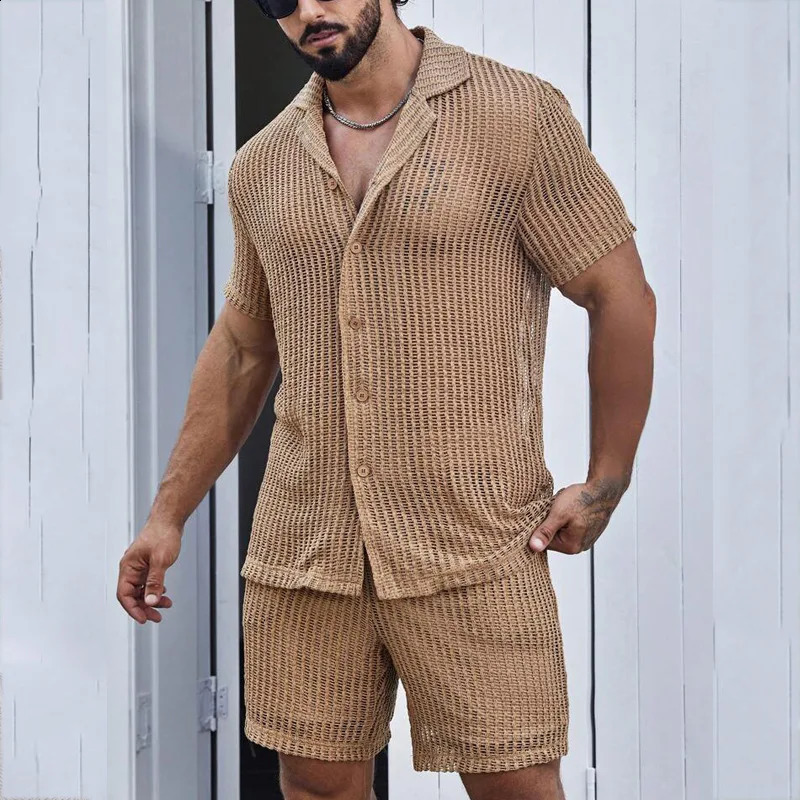 Summer see through mens shirt set mens clothing mens sexy cut shorts two sets of business casual mens polo shirts track and field clothes 241217