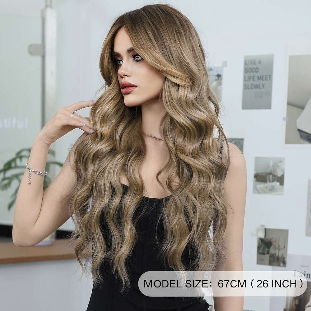 Bronze Gold Wig For Women, Fashionable Long Curly Hair With Eight Character Bangs, Big Waves, Synthetic Full Head Set, Wavy Wig Kq9 Kq9