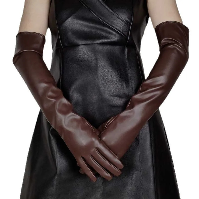 Sexy Leopard Touch Screen Gloves Winter Women PU Black 50cm Long Simulation Leather Thin Full Finger Warm Driving Mittens K52 241216