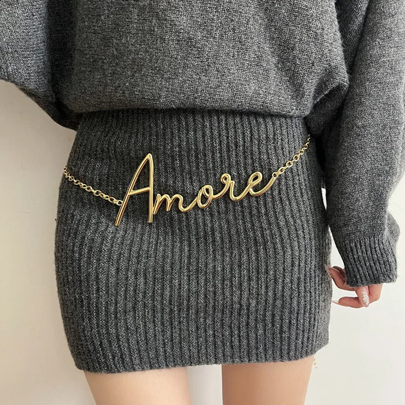 Gold Letter Waist Chain for Women Girl Autumn Winter Dress Pants Retro Heavy Duty Metal Thin Chain Party Jewelry Gift 241217