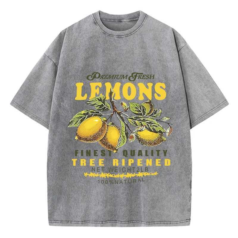 Women's T-Shirt Cotton Women Acid Wash T-Shirts Premium Fresh Lemons Printing Ts Distressed Oversize O-Neck Short Slve Casual Female Clothes Y241