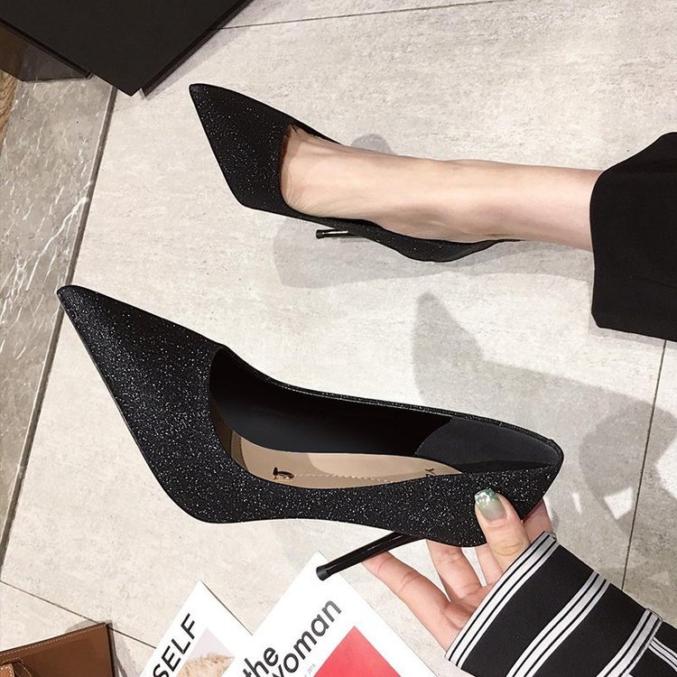 Women Dress Shoes High Heel Pointed Toe Slim Sequin Fashion French Sexy Plus Size Triple Black Gold Silver Free shipping