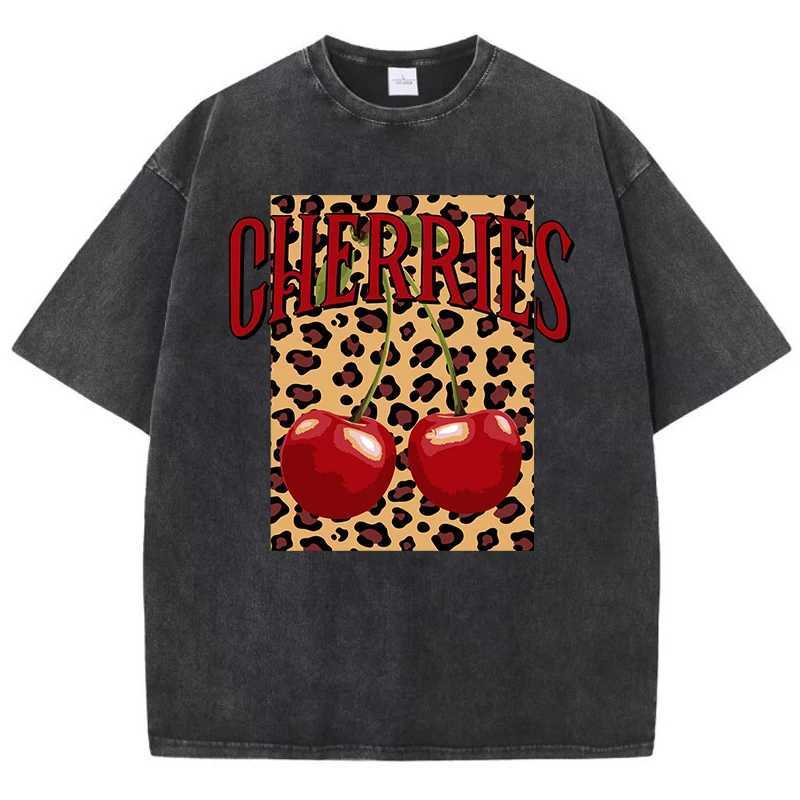 Women's T-Shirt Casual Womans Acid Wash T-Shirts Fashion Leopard And Cherry Prints Tops Distressed Crewneck Oversize Cotton Ts Trend Clothes Y241