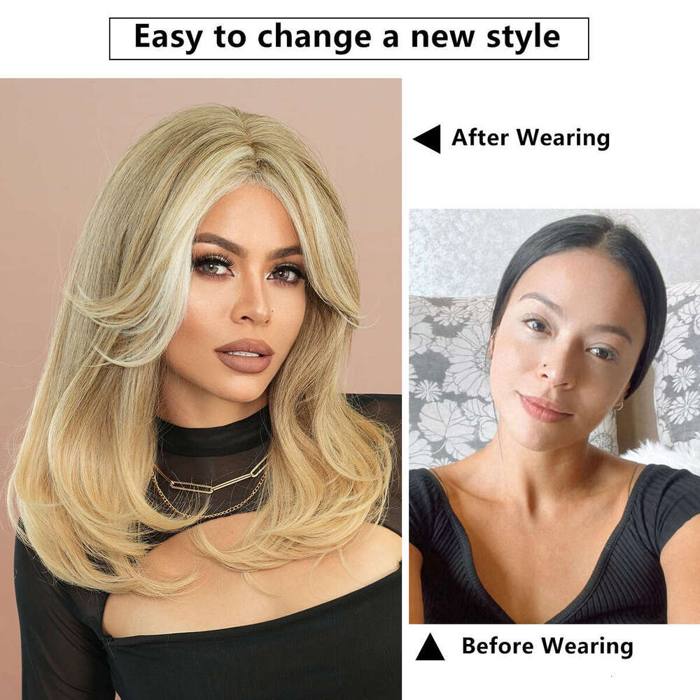 Women's Synthetic Full Head Cover Shoulder Length Layered Wig En Light Gold Eight Character Bangs Medium Long Curly Hair Kq9 Kq9