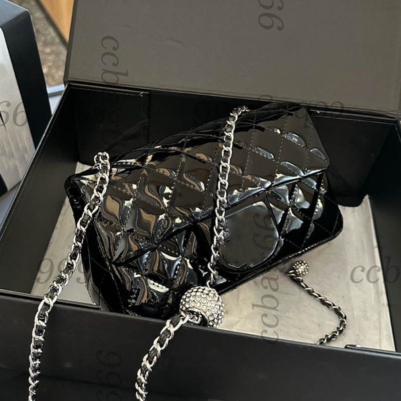 Designer Patent Leather Silver Rhinestone Diamond Ball Mini CF Shoulder Bags Metal Hardware Matelasse Chain Crossbody Handbag Turn Lock Luxe Sac Sacoche Purse 20cm