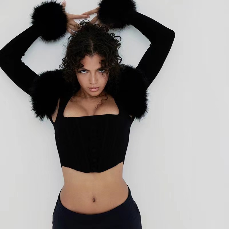 Women's Jackets Fall Winter Furry Patchwork Long Sleeve Crop Jackets Tops + Corset Tanks Fashion Casual Ribbed Coats 2 pcs Streetwear