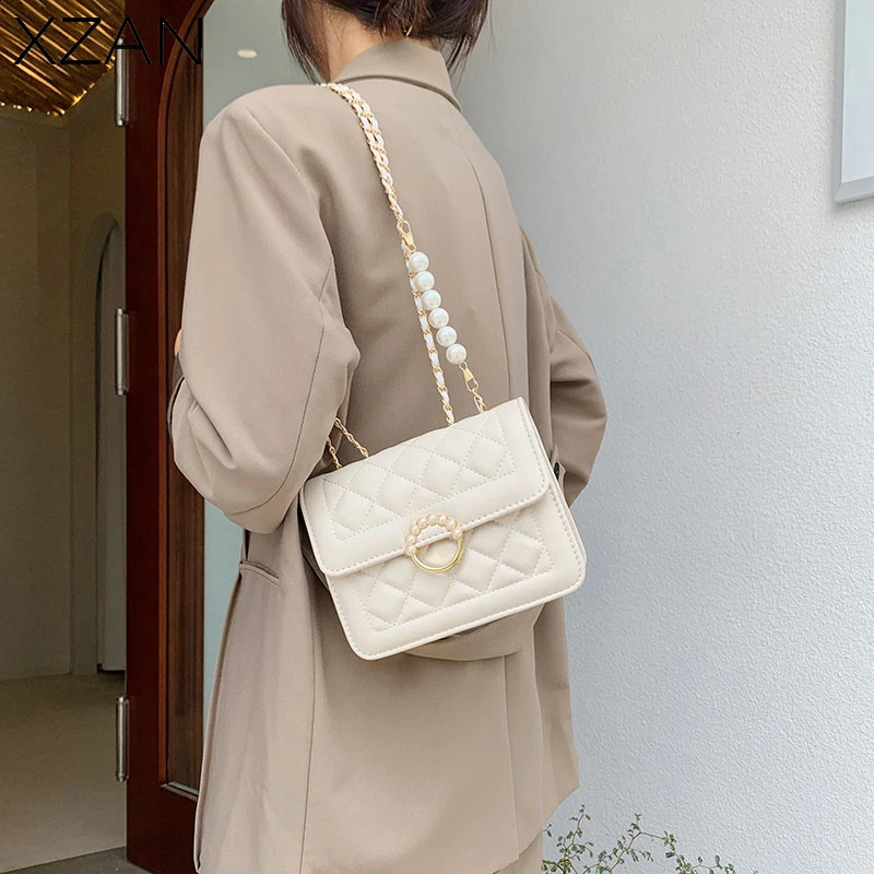 Vintage Women Small Shoulder Crossbody Purse Blue Black White Clutch Case Fashion Pearl Chain Bag