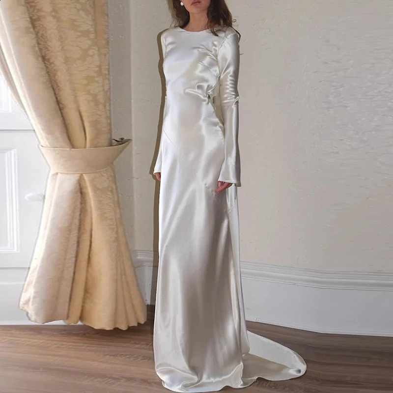 White satin long sleeved slim evening dress sexy hollow backless mermaid dress autumn womens O-neck fashionable dress 241213
