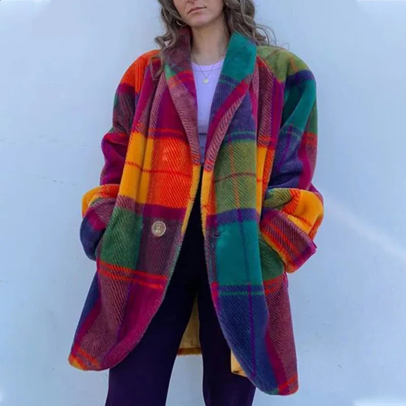 Autumn Female Plaid Print Woolen Coat Single Button Lapel Jacket Cardigan Winter Long Sleeve Pocket Women Outwear 241214 - view 7