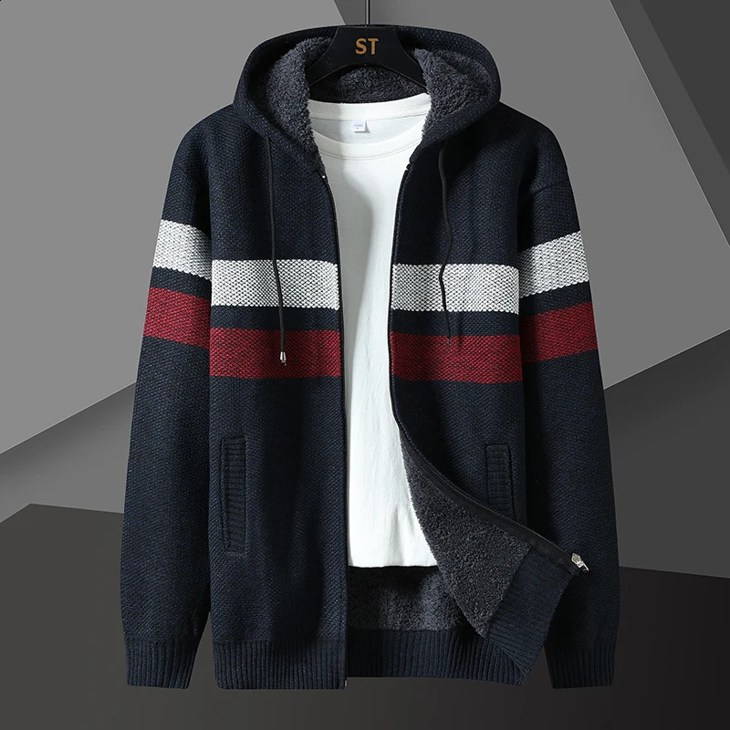 Winter Fleece Striped Cardigan Men Thick Warm Knitted Hooded Sweatercoat Mens Long Sleeve Casual Knitting Sweater Jacket Coats 241217