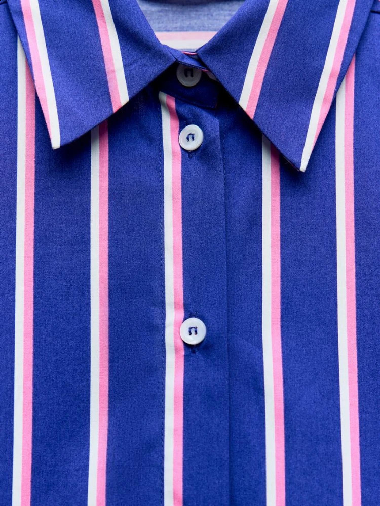 ZBZA Womens Oversized Striped Shirt Pants Suit Lapel Long Sleeves Top High Elastic Waist Pockets Straight Leg Pants Female Set 241217