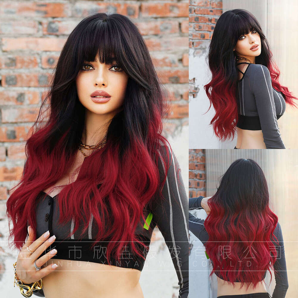 Japanese And Korean Women's Long Black Curly Hair With Bangs, Gradient Red Wig Set Ombre Red Wigs Kq9 Kq9