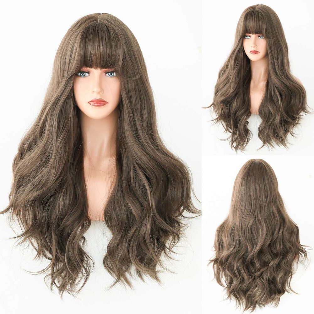 Brown Headband Gradient Color Wig Long Curly Hair Fashionable Layering With Bangs Wigs Kq9 Kq9