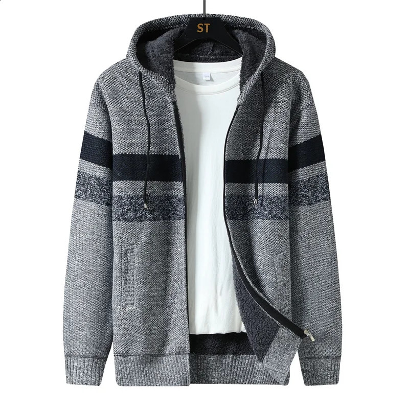 Winter Fleece Striped Cardigan Men Thick Warm Knitted Hooded Sweatercoat Mens Long Sleeve Casual Knitting Sweater Jacket Coats 241217