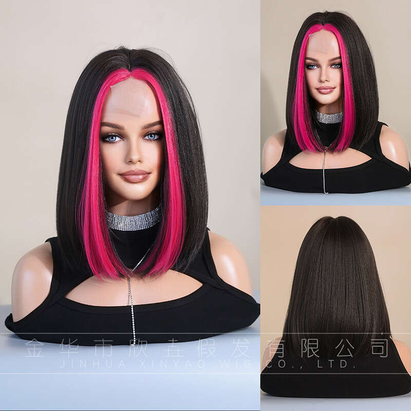 Hand Woven Small Lace Wig, Women's Gold Shoulder Length Straight Hair With Fetal Hair, Bangs Dyed Synthetic Bob Wig Kq9 Kq9