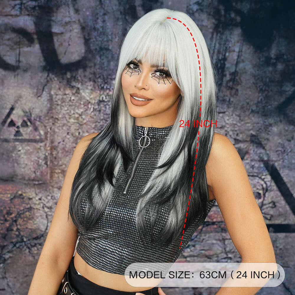 Ladies' Party Siamese Cat Sier White Gradient Black Long Straight High Level Wig Full Headset Kq9 Kq9