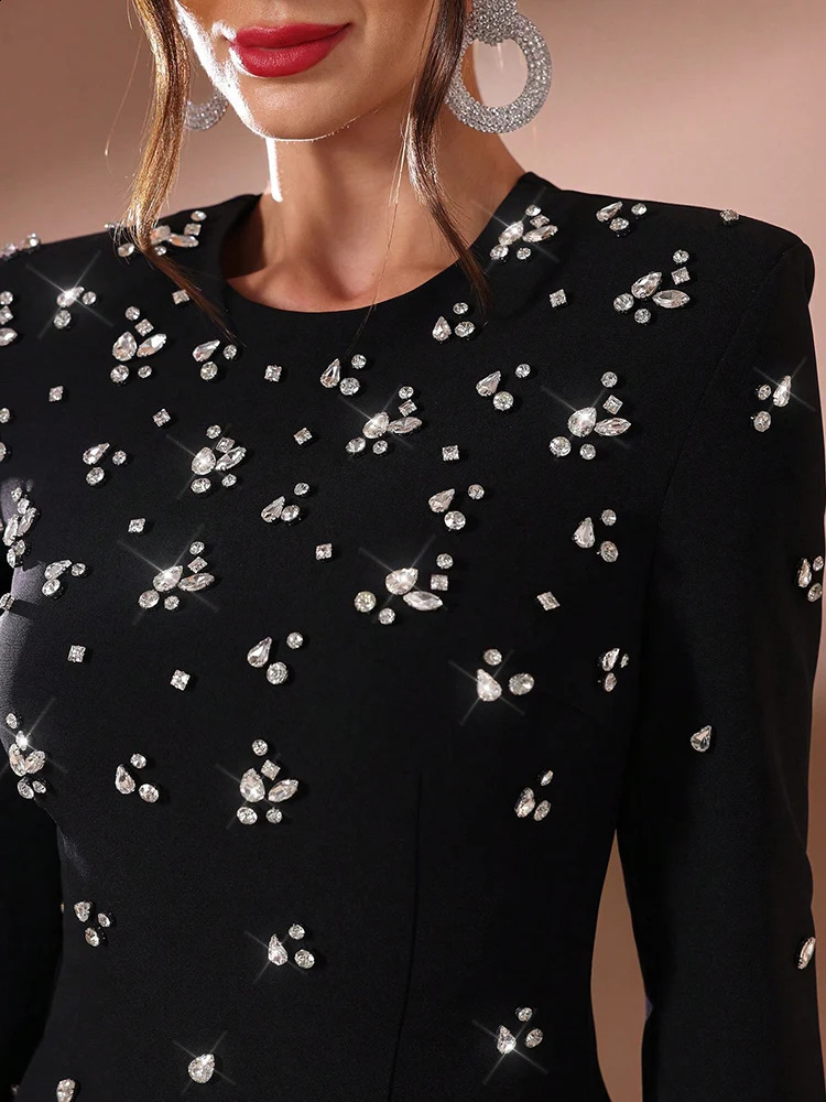 TOLEEN Women Solid Color Rhinestone Decorated Casual Long Sleeve Dress 2024 Elegant Formal Party Evening Maxi Dresses 241216