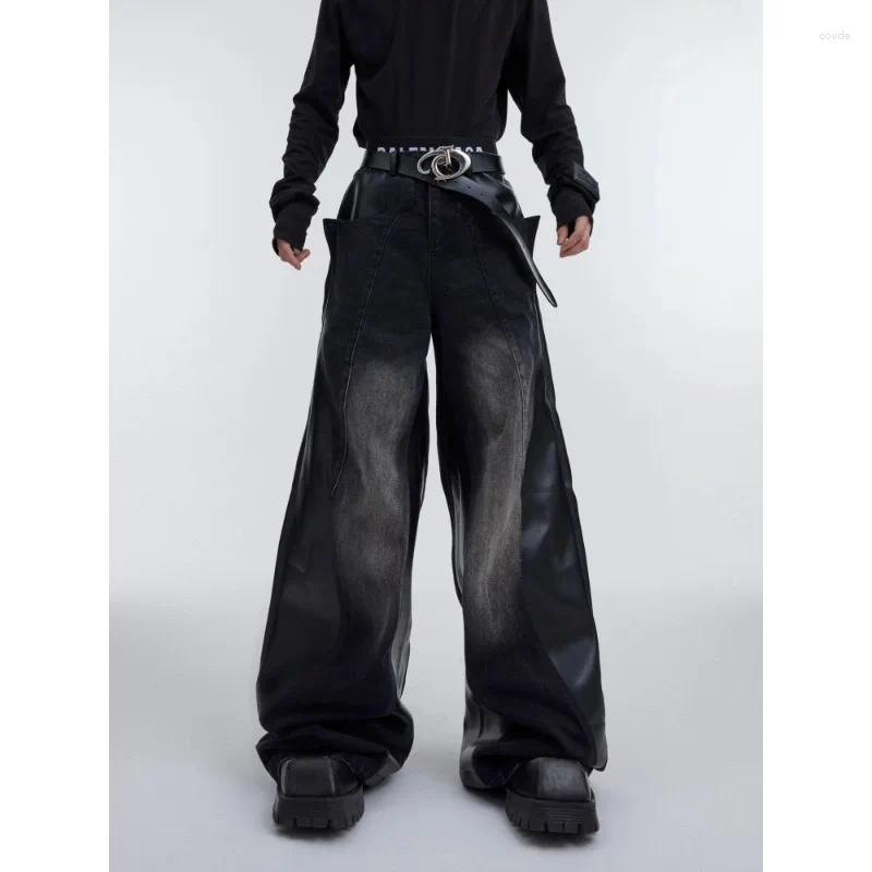 Men's Jeans Vintage Baggy Men Clothing Street Fashion Hip Hop PU Leather Splicing Washed Mens Casual Versatile For