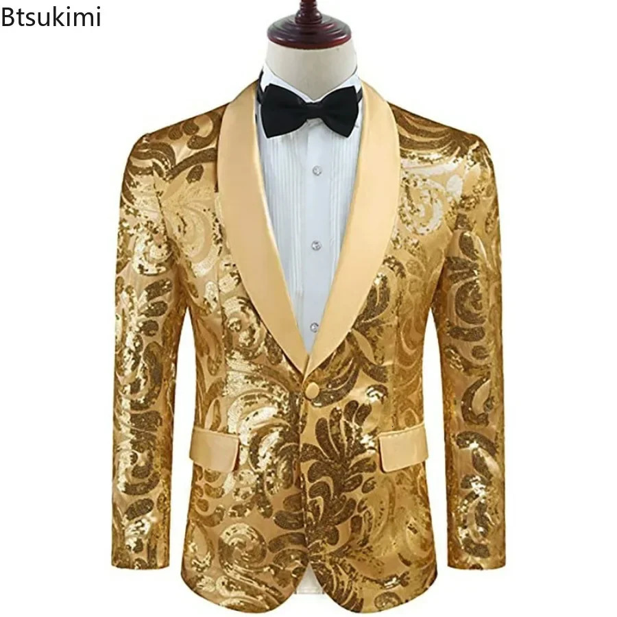 Mens Shiny Gold sequin Sports Jacket Style Shawl Collar One Button Evening Dress Flower Set Party Wedding Groom Dress Mens Style 241216