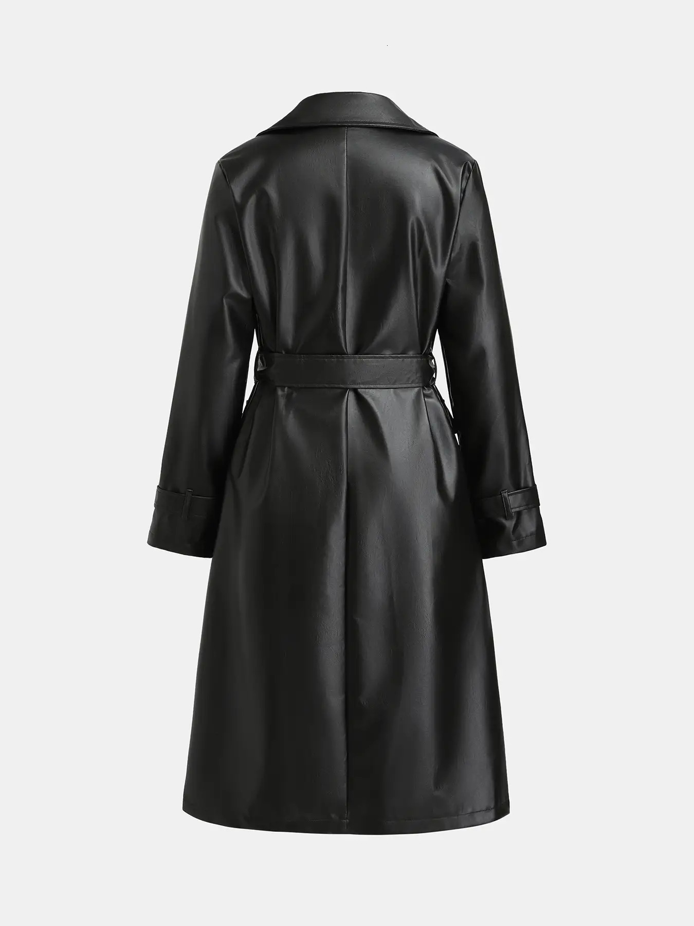 Autumn And Winter Long Women's Fashionable Ladies Double-Breasted Buckle Belt Leather Trench Coat Jacket