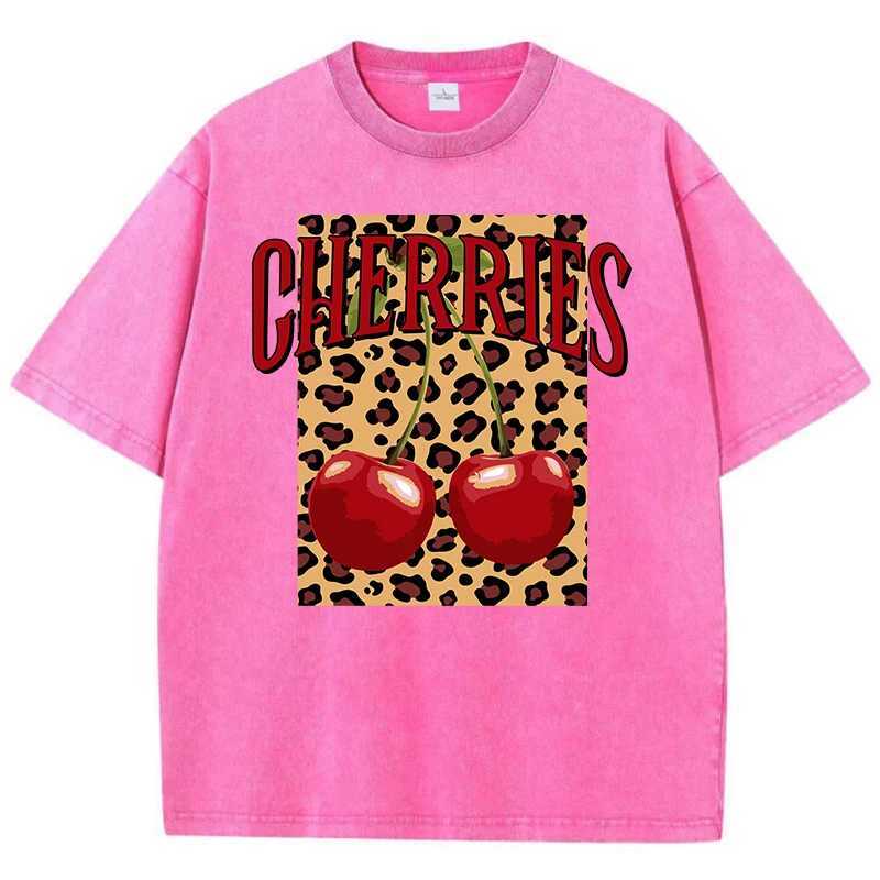 Women's T-Shirt Casual Womans Acid Wash T-Shirts Fashion Leopard And Cherry Prints Tops Distressed Crewneck Oversize Cotton Ts Trend Clothes Y241