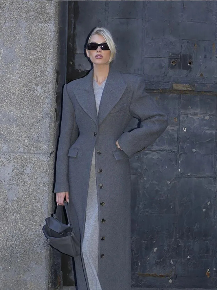 Fashion Burgundy collar high waisted long wool jacket elegant solid color full sleeved womens 241213Z