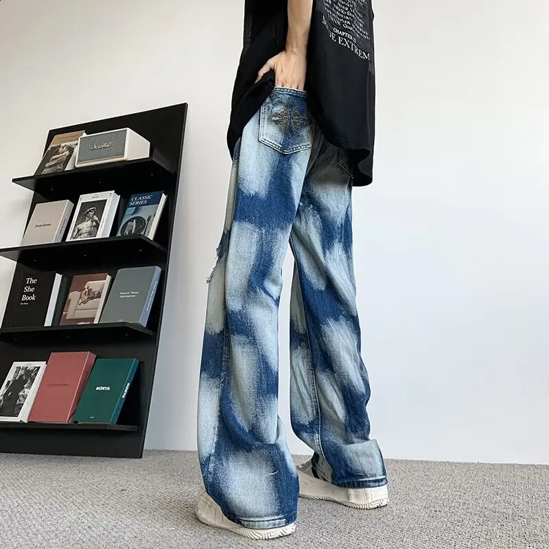 2000S Clothes Y2K Streetwear Tie Dye Vintage Blue Baggy Ripped Jeans Pants For Men Straight Hip Hop Denim Trousers Ropa Hombre 241217