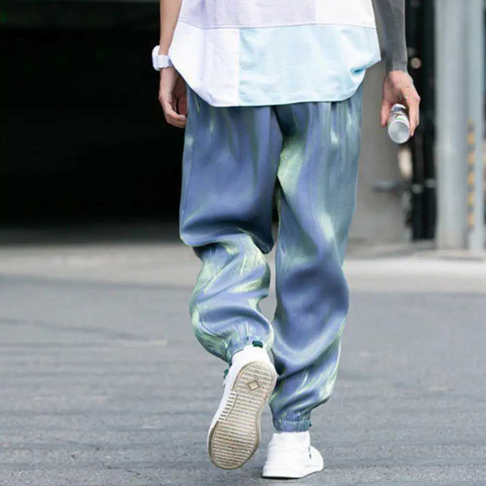 High Quality Ice Silk Men Sweatpants Hip Hop Bright Surface Colored Haren Pants Loose Trousers Spring Drawstring Elastic Waist Cargo Pants T241217