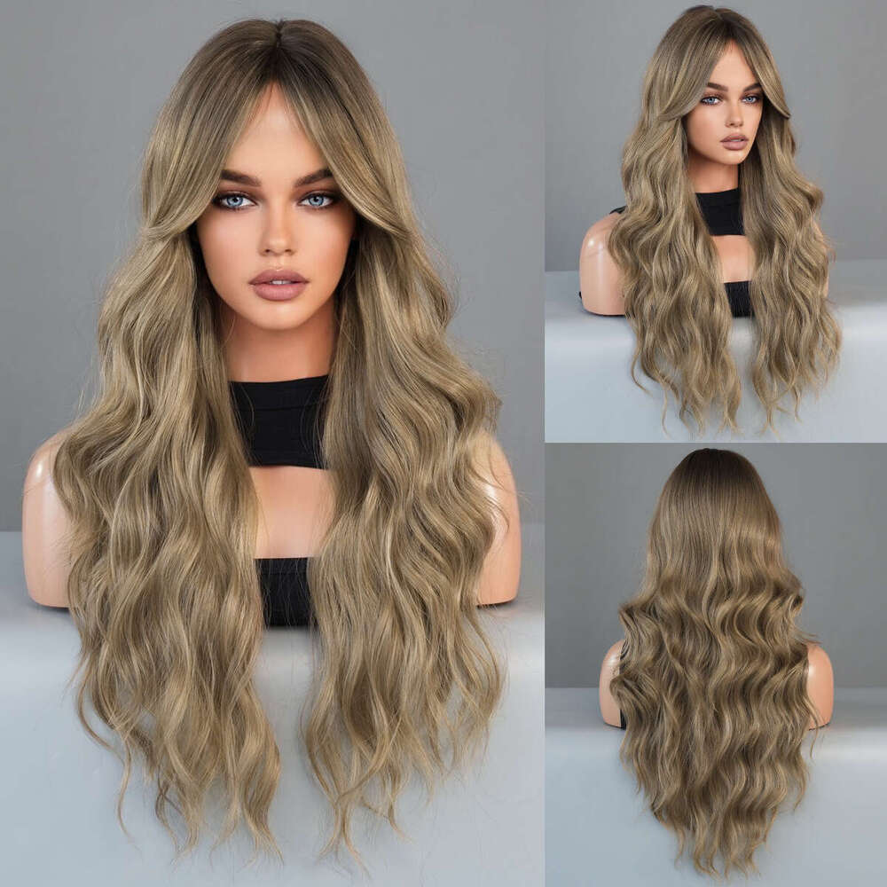 Bronze Gold Wig For Women, Fashionable Long Curly Hair With Eight Character Bangs, Big Waves, Synthetic Full Head Set, Wavy Wig Kq9 Kq9