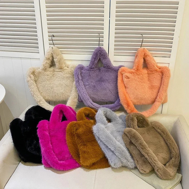 Sft Fluffy Faux Fur Tote Bag for Women Winter Large Capacity Solid Color Handbag Long Plush Strap Crossbody Bag 241216