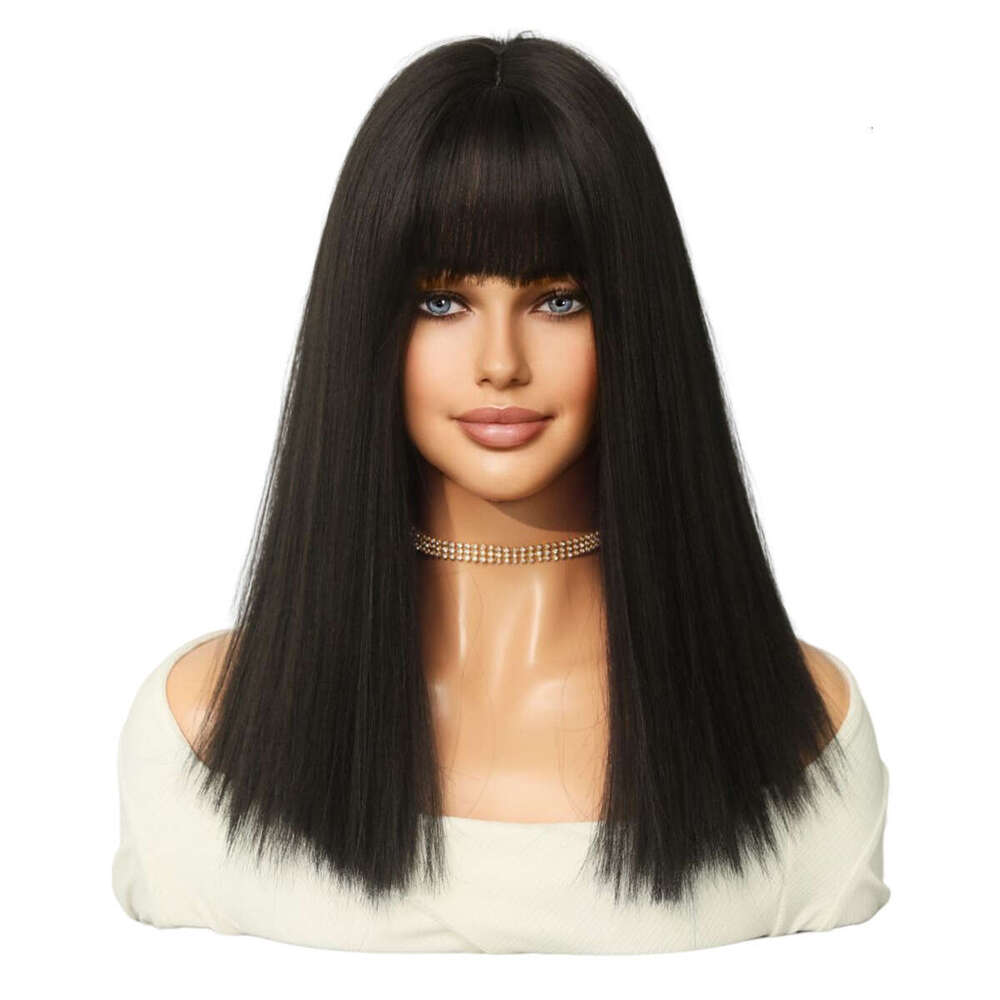 LISA With Summer One Size Fits All Black, Medium Long Straight Hair, Fashionable Air Bangs Wig For Women Kq9 Kq9
